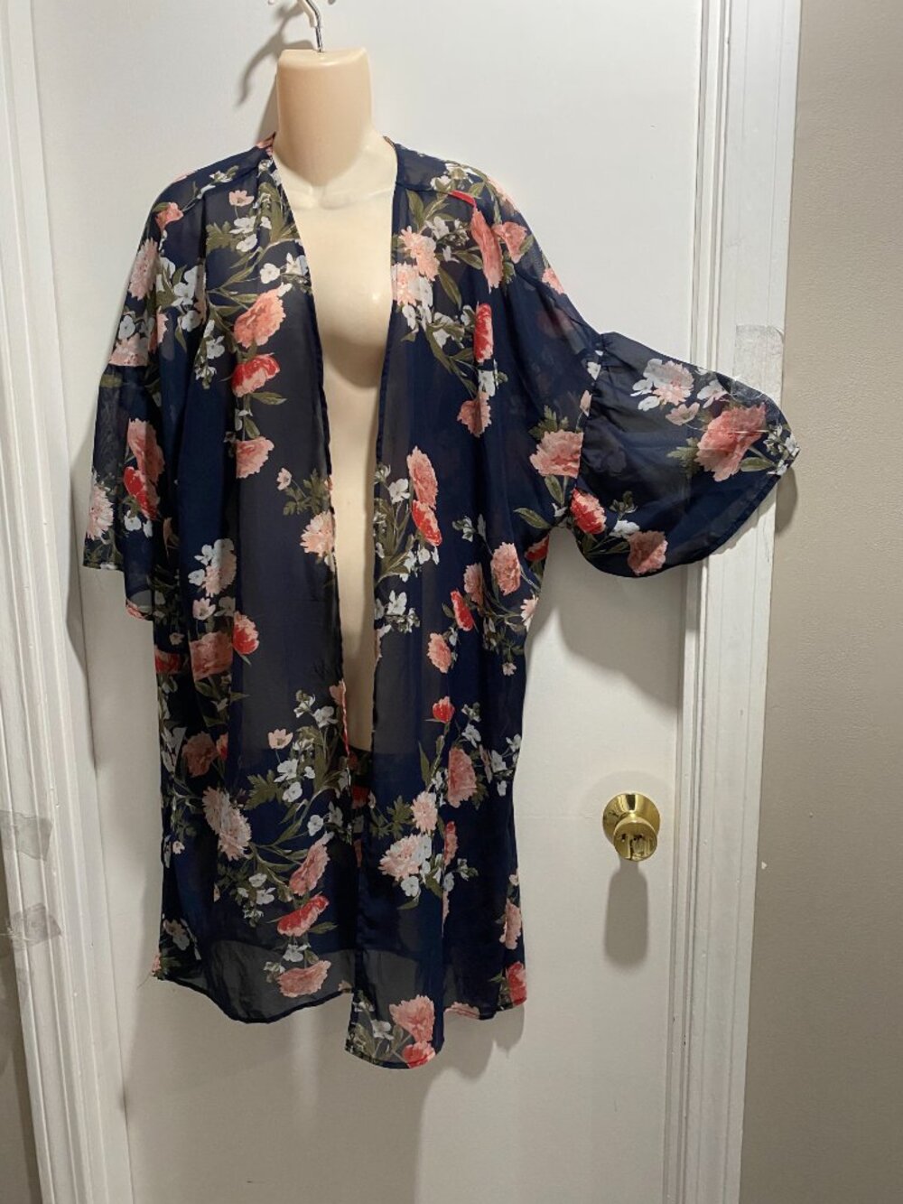 New York & Company Floral Sheer Open Front Coastal Kimono Cardigan Cover Up L/XL